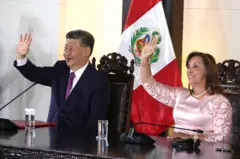 Peruvian President Dina Boluarte and Chinese President Xi Jinping attend an inauguration event for the Chancay mega-port at the Government Palace in Lima, Peru, 14 November 2024.