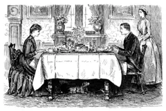 Desenho de casal de aristocrátas sentado à mesa com um servente ao lado