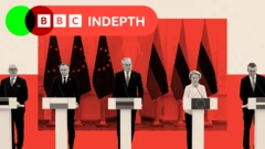 Image traitée montrant les dirigeants sur les podiums, dont le président polonais Andrzej Duda, le président lituanien Gitanas Nauseda, la présidente de la Commission européenne Ursula von der Leyen, le président estonien Alar Karis et le président letton Edgars Rinkevics. Ils font une déclaration commune aux médias 