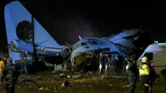 обломки самолета лежат на земле, рядом ходят спасатели