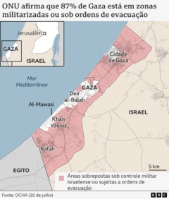 Gráfico mostra zonas militarizadas ou sob ordens de evacuação na Faixa de Gaza