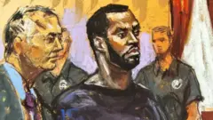Sean « Diddy » Combs et son avocat Marc Agnifilo se tiennent devant le juge Robyn Tarnofsky après que les procureurs ont porté trois accusations criminelles contre lui devant le tribunal fédéral de Manhattan à New York, aux États-Unis, le 17 septembre 2024 dans cette esquisse de salle d'audience.