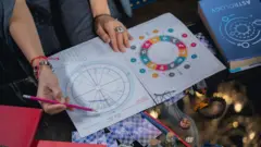 Masanın üzerinde duran ve renkli bir astroloji haritasının üzerinde bir kalem tutan kadın ellerinin kırpılmış fotoğrafı. Masanın üzerinde dağınık kartlar, zar ve daha fazla kitap ve kalem var.
