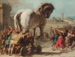 Pintura mostra vários homens puxando o Cavalo de Troia