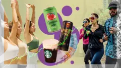 Montagem que combina imagens de pessoas praticando atividades físicas com produtos associados ao mercado de bem-estar, como cerveja proteica, refrigerante com fibras e café, além de notas de real. Gráficos em verde e elementos geométricos reforçam a ideia de crescimento e expansão desse mercado.