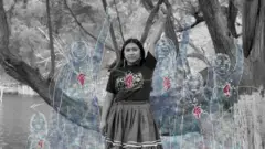 Una fotografía de una mujer de una comunidad indígena de México, con una ilustración digital superpuesta.