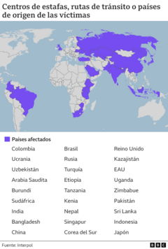 Mapa que muestra los principales centros de estafas digitales en el sudeste asiático.