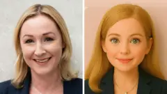 On the left, a picture of Zoe. She is smiling. She has shoulder-length blonde hair, a blue jacket and a silver necklace. On the right, an image generated using ChatGPT of a doll-like version of her. The doll has the same clothes and necklace - but has morphed her dark eyes into a light green, and darkened her hair.