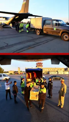 Тобутлар харбий самолётган юкланаётган пайти