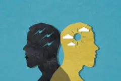 ilustração de suas cabeças colocadas em sentidos opostos, uma em preto, marcada com relâmpagos simbolizando distúrbios, e outra amarela com um sol aberto entre nuvens no meio, representando tranquilidade