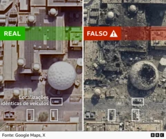 Imagem de satélite real ao lado da imagem de satélite falsa, com as localizações idênticas dos veículos destacadas