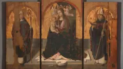 Three surviving panels of Antonello da Messina's San Gregorio Polyptych, showing the Virgin Mary and Christ, St Gregory and St Benedict