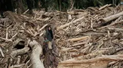 Nurlela Agusfitri, 40, yang kehilangan perkebunan kelapa sawitnya, beberapa sapi dan sebuah kios kecil di rumahnya selama banjir bandang sekitar tiga minggu sebelumnya, berpose di pohon yang tumbang dalam perjalanannya ke lokasi bekas rumahnya di Pengidam, Aceh Tamiang, Sumatera utara, pada 15 Desember 2025. 