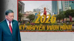 Ông Tô Lâm và biển hiệu mừng năm mới ở TP HCM