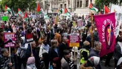 At least 100 people are seen in a picture from a portion of the Nakba Anniversary march in London - about a dozen Palestinian flags can be seen in the background, as well as placards in the foreground that say things like 'Free Palestine' and 'Unity over division'