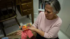 Médica neonatologista Lilia Embiruçu sentada no chão de um quarto com um conjunto de roupinhas muito pequenas, na palma da mão.