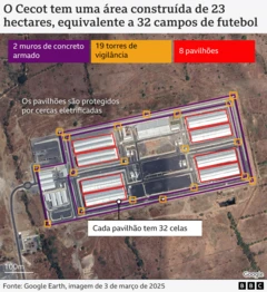 Mapa de Cecot feito a partir de uma imagem do Google Earth de 3 de março de 2025