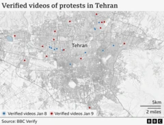 Karte von Teheran mit blauen Punkten in Gebieten, in denen verifizierte Videos Proteste vom 8. Januar zeigen, und roten Punkten in Gebieten, in denen verifizierte Videos Proteste ab dem 9. Januar zeigen.