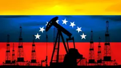 تصویرسازی که پرهیب چاههای نفت را نشان میدهد و در پسزمینه پرچم ونزوئلا است