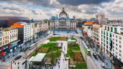 Foto de uma praça com espaço verde cercada de prédios