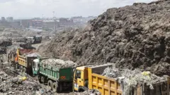 Des camions-bennes, verts et jaunes, chargés de déchets, font la queue dans une décharge. A gauche et à droite, on aperçoit d'énormes tas de plastique et de déchets en décomposition. En arrière-plan, on aperçoit la silhouette de Nairobi.