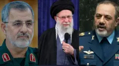  புரட்சிகர காவல் படையின் தளபதி முகமது பக்போர்(இடது), ஆயதுல்லா அலி காமனெயி, பாதுகாப்பு அமைச்சர் அஸிஸ் நசிர்ஸதே (வலது) 