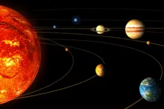 A ilustração artística mostra o Sol juntamente com os oito planetas do nosso Sistema Solar e uma representação de suas órbitas