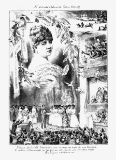 Imagem em preto e branco de pessoas no palco e várias na plateia