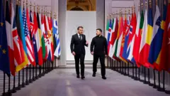 Президенты Франции и Украины во время саммита на фоне флагов членов коалиции союзников Киева