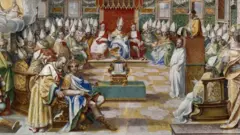 Afresco do século 16 na Capela Sistina, em Roma, representa o Primeiro Concílio de Niceia. Pode-se ver ao fundo diversos homens com mitras, sentados. Em primeiro plano, aparece um homem com cetro e coroa. As muralhas de Niceia encontram-se no canto superior esquerdo.