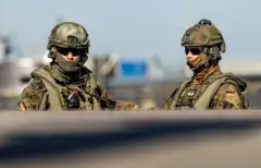 Soldiers from the naval battalion are pictured during a visit of the German Defence Minister of the first submarine squadron and the naval battalion at the naval base in Eckernfoerde, northern Germany on July 19, 2024.
