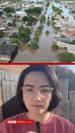 تصویر یک زمین سیل زده در بالا و تصویر گزارشگر در پایین 