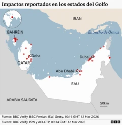 Un mapa en el que siete impactos de misiles que se han registrado en los países del Golfo Pérsico