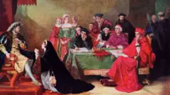 نقاشی رنگ و روغن، زنی در برابر پادشاه زانو زده و درخواستی دارد، پشت سر او تعدادی مرد به نظر اعضای کلیسا و چند زن دیده می‌شود