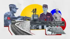 တအာင်းတပ် ဖွဲ့ဝင်တစ်ဦး သေနတ်ချိန်ရွယ်နေပုံ၊ ဂုတ်ထိပ်တံတားပေါ်ကနေ ရထားတစ်စင်းဖြတ်နေပုံ၊ လားရှိုးမြို့အဝင် စည်းလုံးခြင်းပြရုပ်ထု၊ ကိုးကန့်ခေါင်းဆောင်၊ မန္တလေးပြည်သူ့ကာကွယ်ရေးတပ်ဖွဲ့ဝင်တစ်ဦးနဲ့ မိုးကုတ်မြို့အဝင်ဆိုင်းဘုတ်တို့ကို ဝဲမှယာအတိုင်း အဖြူ၊ အနက်၊ အဝါ၊အပြာ၊ အနီ ပေါင်းစပ်ဓာတ်ပုံ