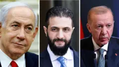 سه تصویر در کنار هم مونتاژ شده از اردوغان، احمد شرع و نتانیاهو