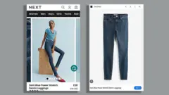 A imagem banida de uma modelo da Next usando leggings (à esquerda) e uma imagem das leggings sozinhas (à direita).