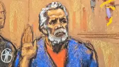 Un dibujo de Ismael Zambada prestando juramento su audiencia en Nueva York