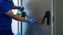 Homem de máscara limpando porta de emergência