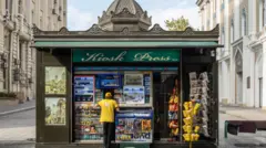 یک کیوسک روزنامه فروشی در مرکز شهر باکو، مردی پشت به تصویر، مقابل کیوسک ایستاده است