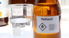 Kẹmika methanol to pọn ninu igo ati ife funfun