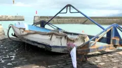 Łódź, a obok niej kwiaty.