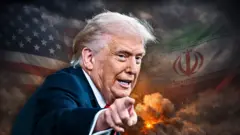 Sawir muujinaya qiiq iyo dab ka soo baxaya dhulka, calamada Maraykanka iyo Iran s, iyo khariidadda Bariga Dhexe oo meel fog ka muuqata, iyo Donald Trump. 