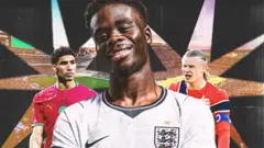 One player named Bukayo Saka dey for front dey smile for di camera, while two players dey for im back.