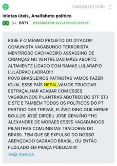 Exemplo de postagem em grupo de WhatsApp da direita sobre o Nepal