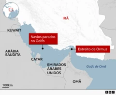 Mapa mostra o estreito de Ormuz e a região do Golfo, onde cerca de 1.600 navios estão retidos