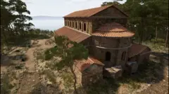 Modelo tridimensional, gerado por computador, de uma basílica junto ao lago, rodeada de árvores. O edifício é de tijolos, com telhas vermelhas em estilo terracota.