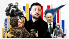 A collage showing Volodymyr Zelensky in dark clothing, Vladimir Putin in a suit as a jet fighter flies above him. On the left, a large cloud of dark smoke rises above a damaged apartment building. In front of it, a woman embraces a soldier in camouflage. On the right, a smaller black and white image shows a soldier sitting with equipment. The background features vertical red, blue, yellow and grey bars.