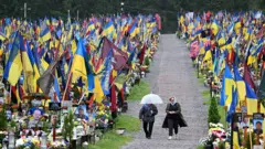 Під дощем двоє людей ідуть алеєю між могилами українських військових, прикрашених численними синьо-жовтими та червоно-чорними прапорами, квітами й портретами полеглих.