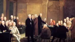 Pintura mostrando o Segundo Congresso Continental votando a Declaração de Independência dos Estados Unidos, óleo sobre tela, de Robert Edge Pine. Aparecem na ilustração John Adams, Thomas Jefferson, Benjamin Franklin, Benjamin Rush, Roger Sherman, Samuel Adams, Robert Treat Paine, Samuel Chase, John Witherspoon, Caesar Rodney, Elbridge Gerry, Charles Carroll, Richard Henry Lee e John Hancock.
